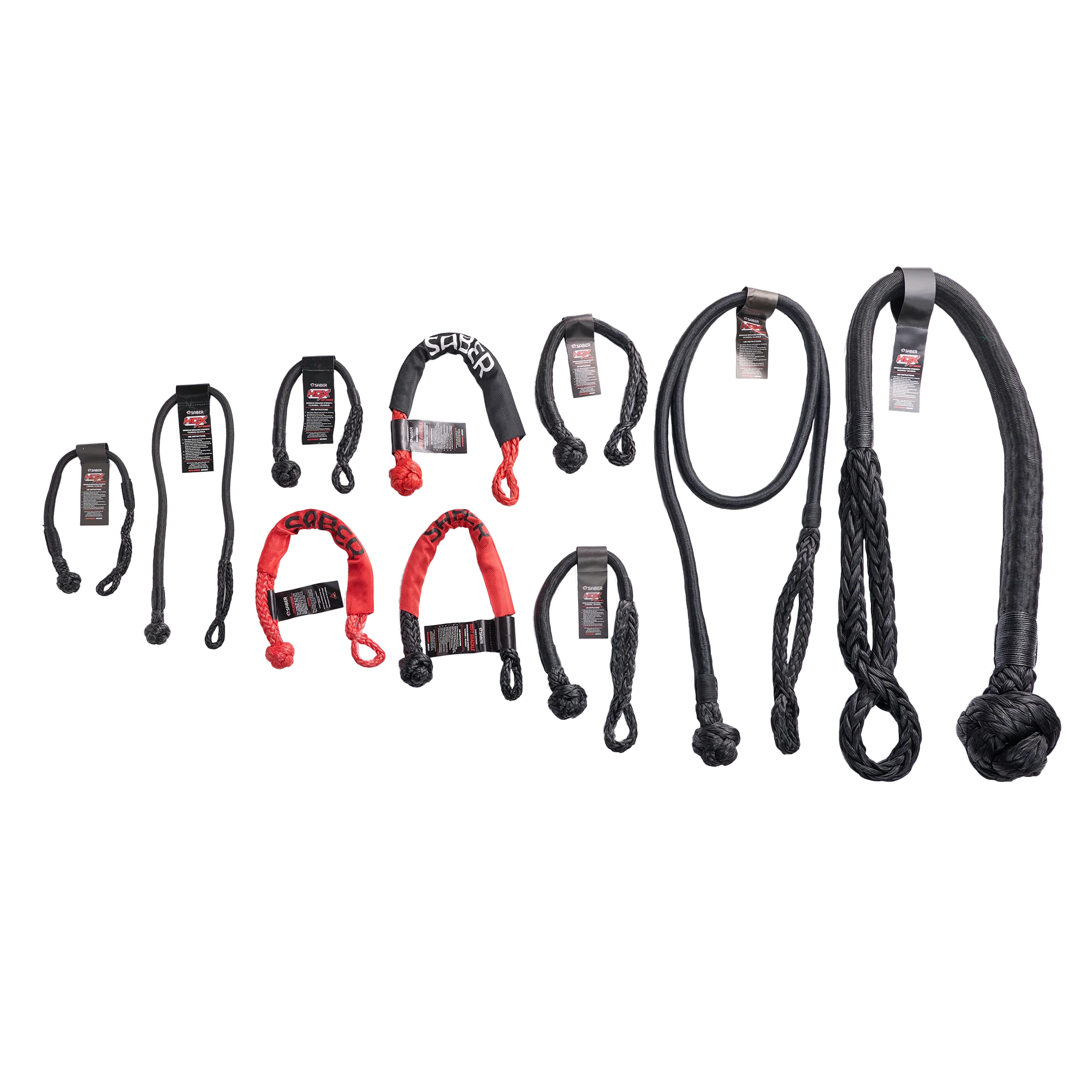 Studio lineup of the full Saber soft shackle range, from small utility shackles to a large 60,000kg HDX Technora-bound shackle
